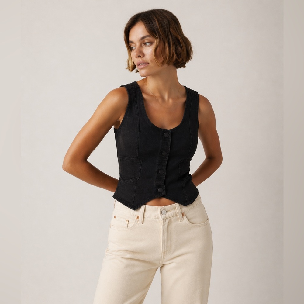 OAT New York - Washed Black Denim Vest Button Front Fitted Top Minimalist Style